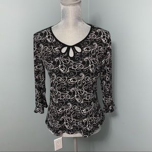 DRESSBARN women’s size medium print blouse with cut outs black and white summer
